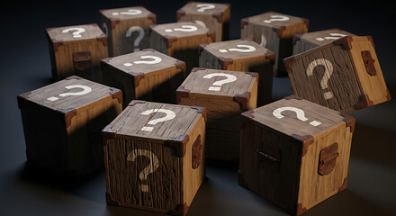 Mystery boxes A collection of wooden crates with question marks, concealing something unknown