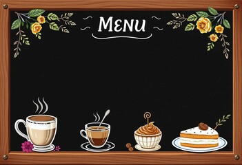 Rustic chalkboard menu with coffee & dessert illustrations, vintage style,  autumn,  item