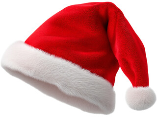 Red velvet Santa hat with fur trim isolated on transparent background. Perfect for Christmas celebration design.