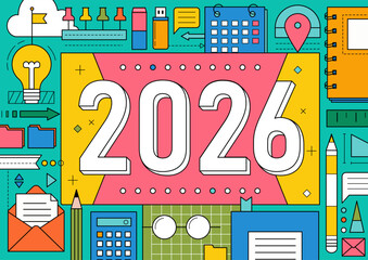 Geometric background of 2026 new year. Business, office work concept with creative flat pattern with books, calendar, pen, paper notebook. 2025 year banner with geometric pattern, vector illustration