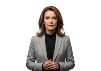 Professional portrait of middle-aged woman in business suit, serious expression, png image for design and compositing isolated on transparent background