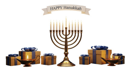 Happy Hanukkah Celebration With Menorah, Candles, And Gift Boxes