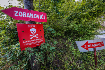Mine. No thoroughfare - warning sign on outskirts of Sarajevo, Bosnia and Herzegovina