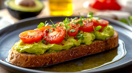 Avocado toast with cherry tomatoes on a dark plate