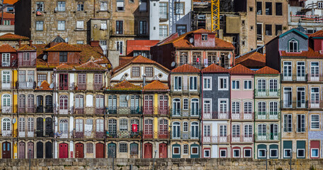 Row of buildings in Ribeira District on the Douro riverfront in Porto, Portugal