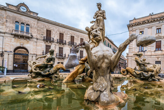 Diana Fountain on Archimedes Square, Ortygia island, Syracuse, Sicily Island, Italy