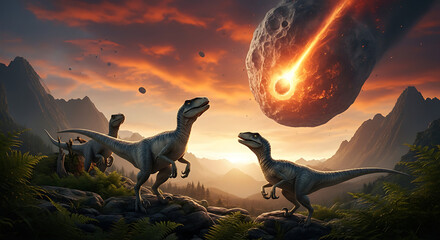 Dinosaurs facing a fiery asteroid impact in a prehistoric landscape