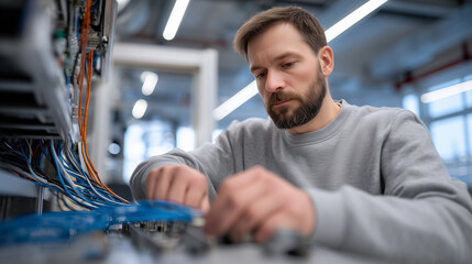 Engineer inspecting electrical system, checking cable connections and circuit breakers in modern facility. Professional technician working with wiring and specialized tools, focused on installation.