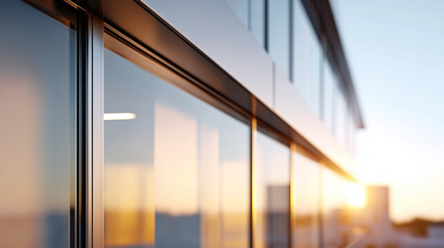 Energy-efficient glass window with reflective coating on modern building facade. Sunset light highlighting transparency. Contemporary architecture exterior with urban skyline view and aluminum frame. - Powered by Adobe