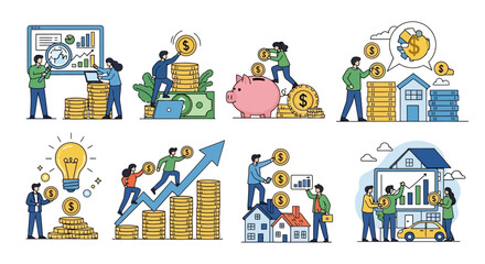 A collection of flat vector illustrations depicting various financial concepts such as investment, savings, wealth management, and market analysis for business growth