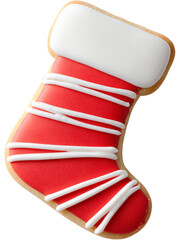 Red and white iced sugar cookie shaped like a Christmas stocking isolated on transparent background. Perfect for holiday themes.