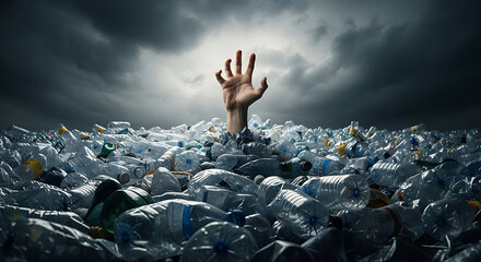 Overwhelmed by plastic pollution a hand reaching out from a sea of discarded bottles