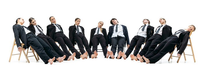 Business group leaning back on chairs in synchronized pose expressing exhaustion and emotional burnout. Concept of corporate fatigue, work pressure, shared struggle and team dynamics. Banner