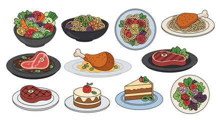 A delightful collection of diverse culinary dishes, showcasing various gourmet meals, healthy options, and decadent desserts for a comprehensive dining experience and food theme