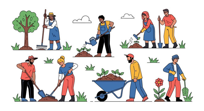 Set of diverse characters engaged in gardening and farming activities, including planting trees, watering seedlings, and cultivating the soil