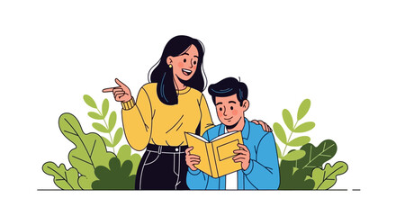 A Mother Helping Her Son with His Studies in a Leafy Setting, Representing Family Support and Education