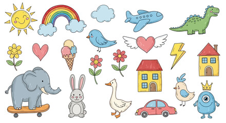 Whimsical cartoon element collection featuring adorable animals, common objects, and bright nature illustrations in a cute hand-drawn style for creative projects