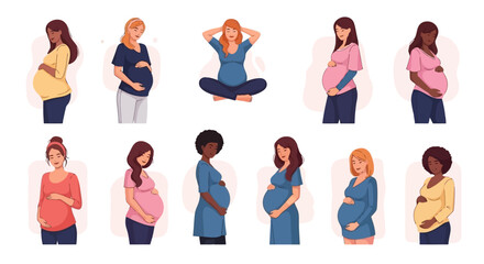 A vibrant set of diverse illustrations showcasing pregnant women in various stages of expectancy, celebrating motherhood, new life, and the unique journey of each expectant mother