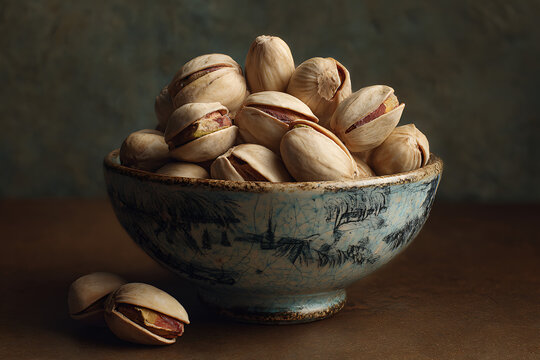 Delicious pistachios in a blue patterned bowl, a healthy snack for mindful eating and culinary creativity, perfect for food blogs and nutrition guides