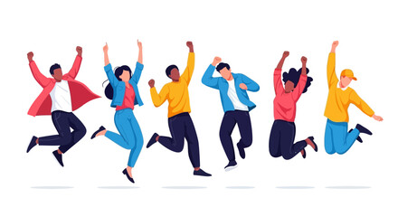 A diverse group of happy young people jumping in the air, celebrating success and friendship together