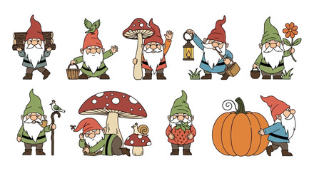 Cute collection of garden gnomes, whimsical characters with pointy hats and beards, in various poses surrounded by nature's elements like mushrooms and pumpkins, perfect for enchanting designs