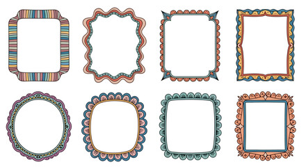 A collection of eight hand-drawn decorative frames and borders, featuring colorful doodle patterns and various shapes, isolated on a white background