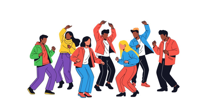 Energetic group of diverse young people joyfully dancing and celebrating together, showcasing vibrant moves and a lively atmosphere at a casual gathering or party