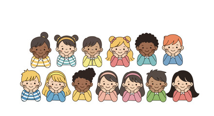 A cheerful and diverse group of smiling children, representing multicultural joy, friendship, and the innocence of childhood togetherness