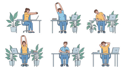 Office Desk Exercise Routine Illustrated guide for employees stretching to relieve back pain and improve focus
