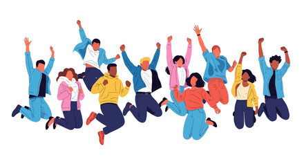 Joyful multicultural team of friends or colleagues celebrating success together by jumping with excitement on a white background