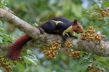 Fototapeta premium Majestic Indian Giant Squirrel Feasting on Banyan Berries Amidst Verdant Forest Canopy