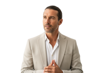 Professional businessman in suit looking upwards png image for design resources and projects, isolated on transparent background