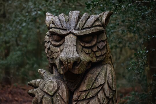 Mythical Grendel: Wooden Demon Sculpture at Beowulf and Grendel Trail in West Stow Country Park, Suffolk, UK