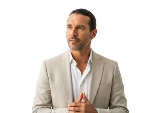 Professional businessman in suit looking upwards png image for design resources and projects, isolated on transparent background - Powered by Adobe