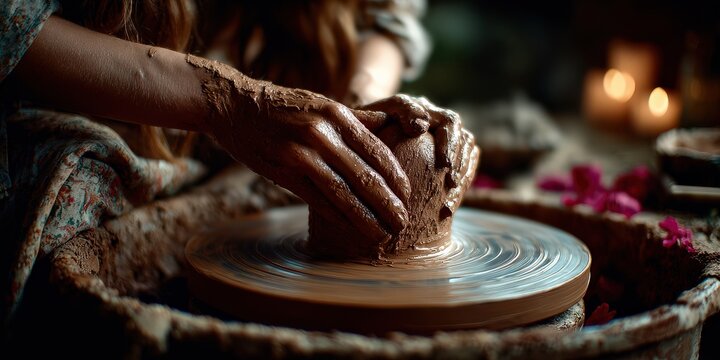 Hands shaping clay bowl on pottery wheel with candles and roses