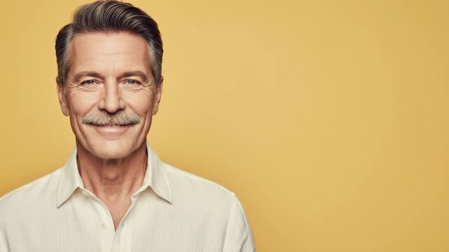 An older man with a mustache poses with a warm smile against a vibrant yellow backdrop. His confident demeanor showcases his charisma and charm in a lively setting