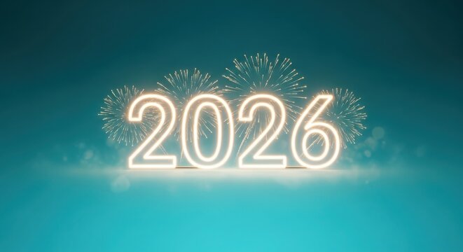 Glowing 2026 with fireworks on a teal background for new year celebration