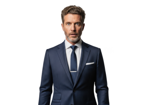 Professional businessman in suit portrait photography, corporate headshot, formal attire, elegant pose, isolated on transparent background