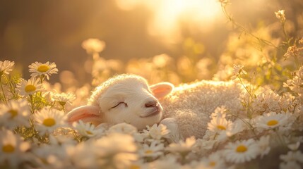 newborn lamb lying in fresh flowers meadow, with its soft wool in the early morning light