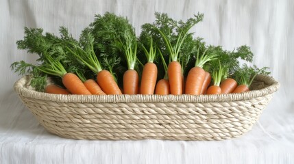 basket overflowing with fresh carrots with their green tops