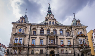 Facade of City Hall building in Klodzko historic town in the region of Lower Silesia, Poland
