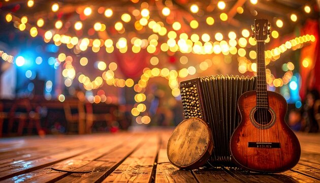 Guitar and accordion on wooden floor with string lights