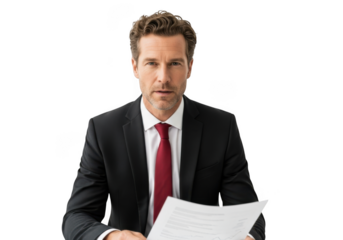Serious businessman in suit holding documents png image for professional use and design resources stock photo isolated on transparent background