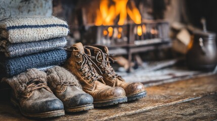 Stacked knitted garments and various pairs of sturdy leather boots rest near a glowing fireplace