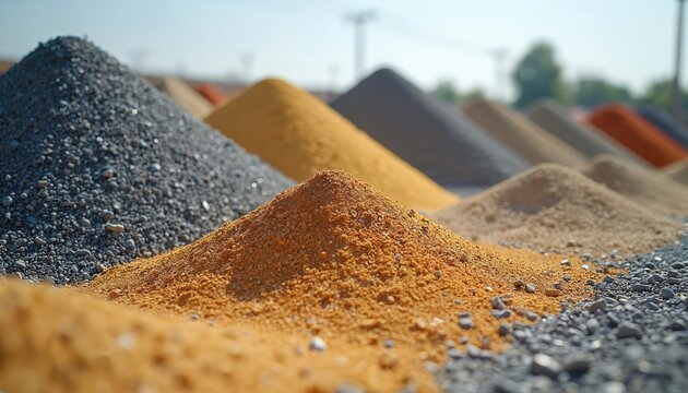 Piles of different colored sand and gravel in a construction yard. Multiple heaps of aggregate materials. Sand and gravel storage for building projects.