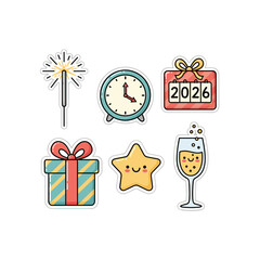 Happy new year 2026 celebration decoration element sticker set vector