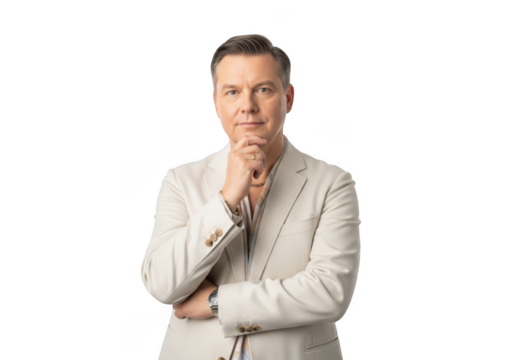 Thoughtful businessman in suit posing with hand on chin - stock photo of professional man in beige jacket isolated on transparent background
