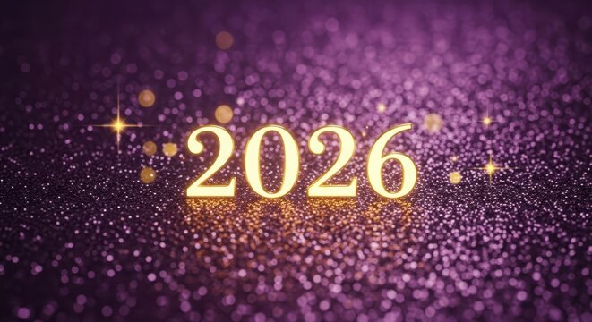 Golden 2026 on sparkling purple background with glitter and bokeh effect