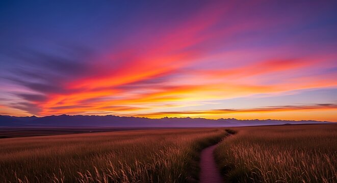 A vibrant sunset over a field with a path leading towards distant mountains under a colorful sky