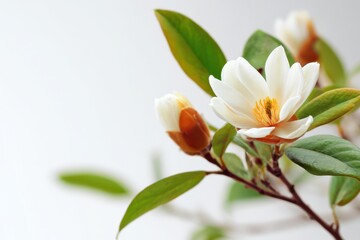 Fototapeta premium Spring Blossom: Michelia Alba Flowers Framed by Lush Green Leaves on a Soft White Background